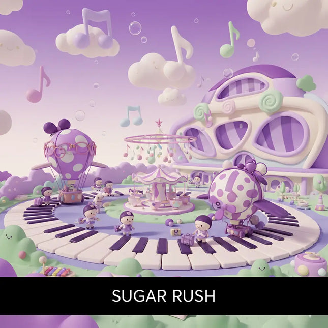 A whimsical purple and white polka-dotted hot air balloon floats above a playful musical playground in sugar rush gymnastics floor music