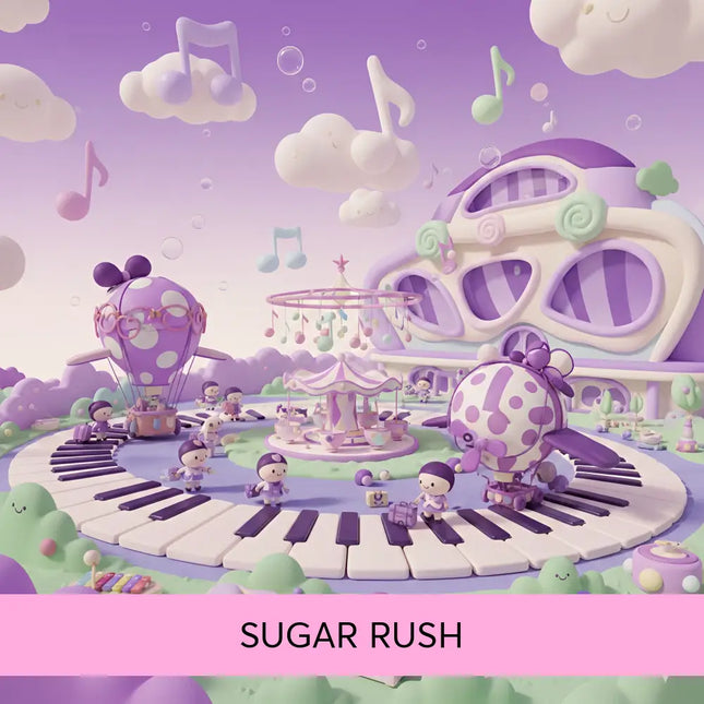 A whimsical purple and white polka-dotted hot air balloon floats above a playful musical playground in sugar rush gymnastics floor music