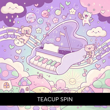 A whimsical purple grand piano with pastel keys and flowing lid for teacup spin gymnastics floor music set against a dreamy sky