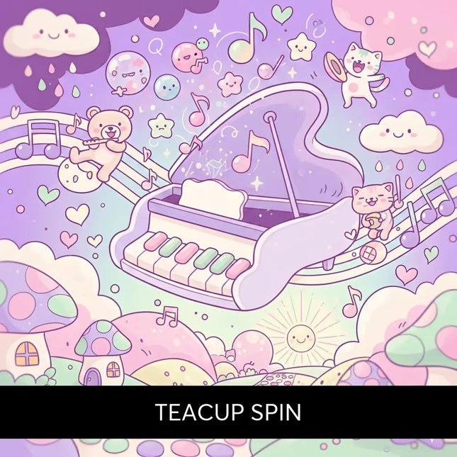 A whimsical purple grand piano with pastel keys and flowing lid for teacup spin gymnastics floor music set against a dreamy sky