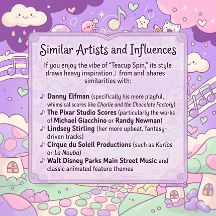 A pastel purple illustrated cutesy teacup spin informational card with clouds musical notes and cute animals for gymnastics floor music