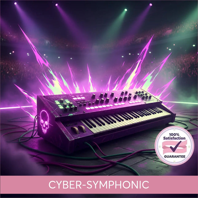 Purple neon-lit synthesizer with skull emblem and black white keys perfect for arena rock gymnastics floor music sessions