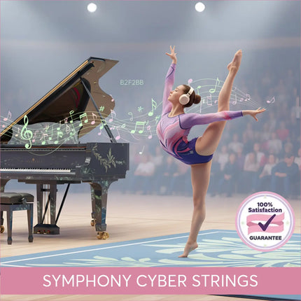 A dancer in a purple and pink leotard with blue shorts wearing white headphones performs a split to gymnastics floor music