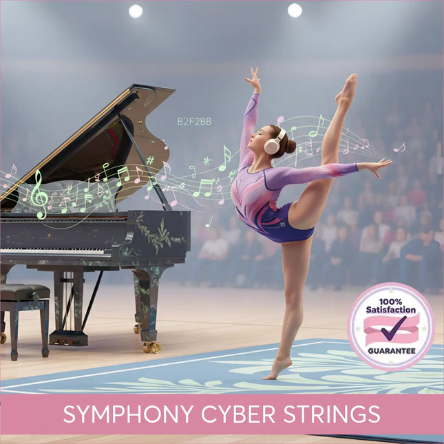 A dancer in a purple and pink leotard with blue shorts wearing white headphones performs a split to gymnastics floor music