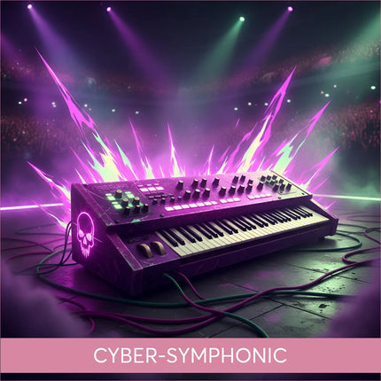 Purple neon synth with skull emblem for Cyber-Symphonic Arena Rock gymnastics floor music