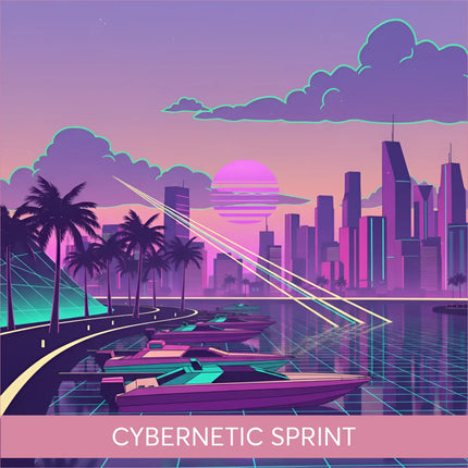 Vibrant neon-pink teal speedboats on glowing synthwave gymnastics floor music waterfront