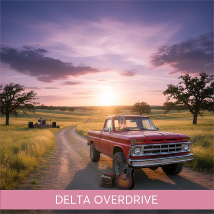 Red vintage pickup truck on dirt road at sunset, Delta Overdrive country rock gymnastics floor music