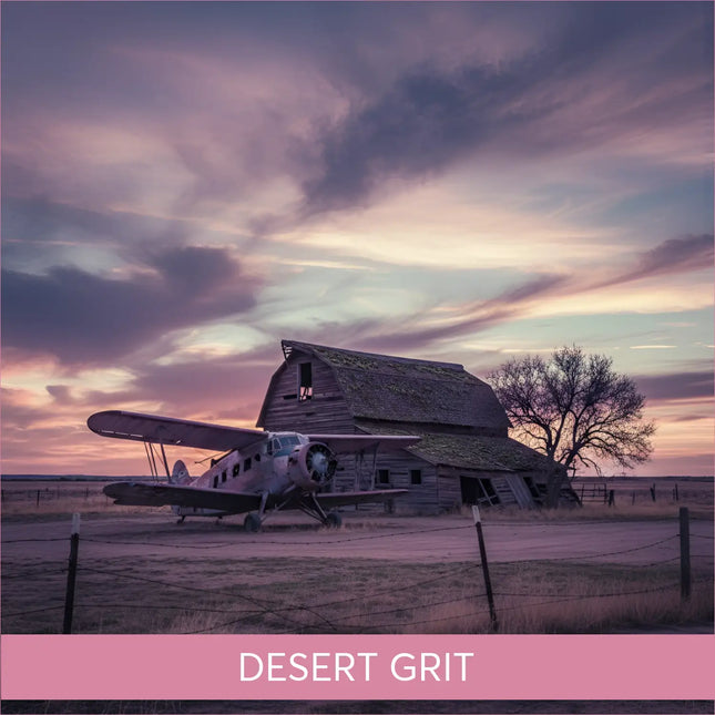 Vintage silver biplane by weathered barn in Desert Grit gymnastics floor music twilight