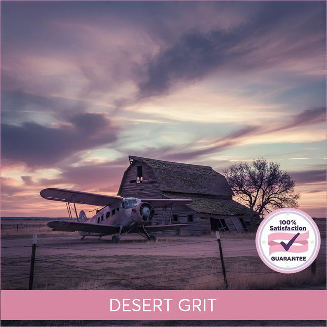 Vintage silver biplane in front of weathered barn at twilight sets the tone for desert grit gymnastics floor music
