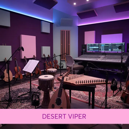 A wooden oud with a curved body and intricate rosette in a purple-lit studio for desert viper gymnastics floor music
