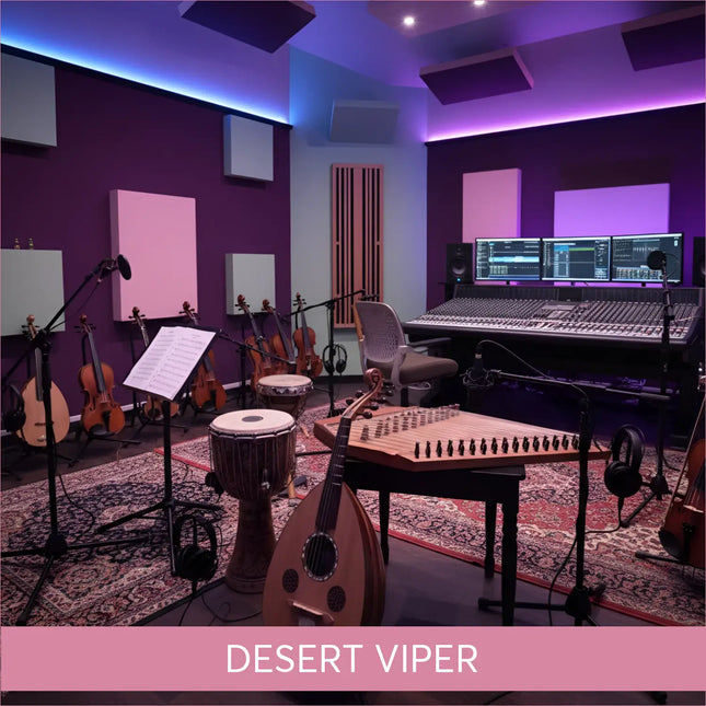 A wooden oud with a curved body and intricate rosette in a purple-lit studio for desert viper gymnastics floor music