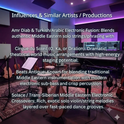 Purple-lit recording studio with acoustic panels mixing console and middle eastern instruments for desert viper gymnastics floor music