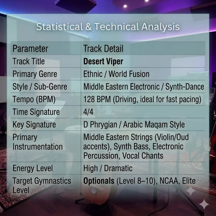 A translucent overlay showing detailed stats for desert viper middle eastern gymnastics floor music track analysis