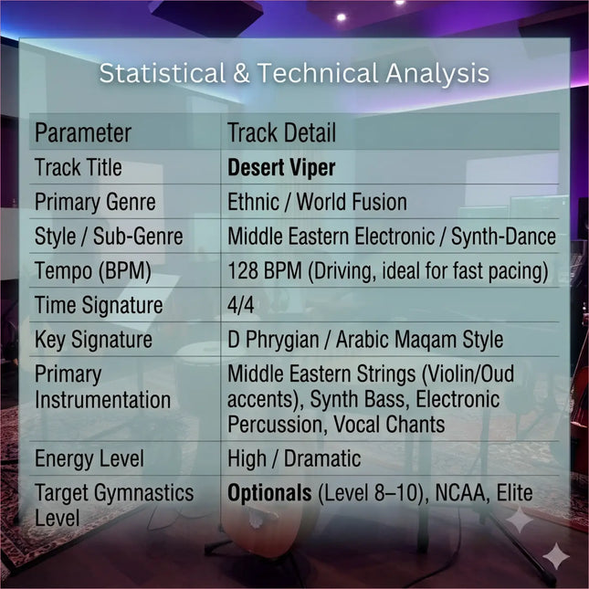 A translucent overlay showing detailed stats for desert viper middle eastern gymnastics floor music track analysis