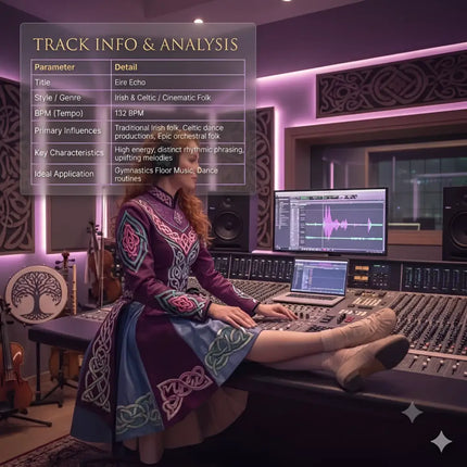 A woman in a purple and blue irish dress with celtic embroidery sits at a mixing console for gymnastics floor music