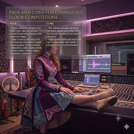 A woman in a maroon and teal celtic dress works on a professional audio console for irish gymnastics floor music
