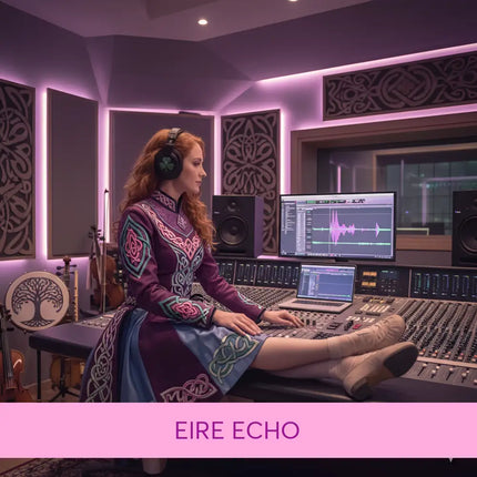 A woman in a long embroidered dress with celtic knotwork sits at a mixing console for irish gymnastics floor music