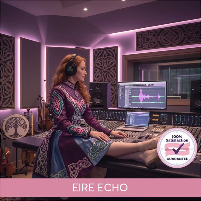 A woman in a long embroidered dress with celtic knotwork sits at a mixing console for irish gymnastics floor music