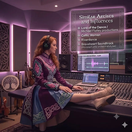 A woman in a purple and blue celtic embroidered dress works at an audio console for irish gymnastics floor music eire echo
