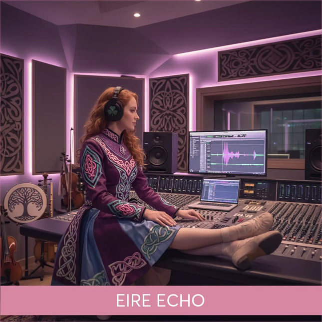 A woman in a purple and blue embroidered dress with celtic knotwork sits at a mixing console for irish gymnastics floor music