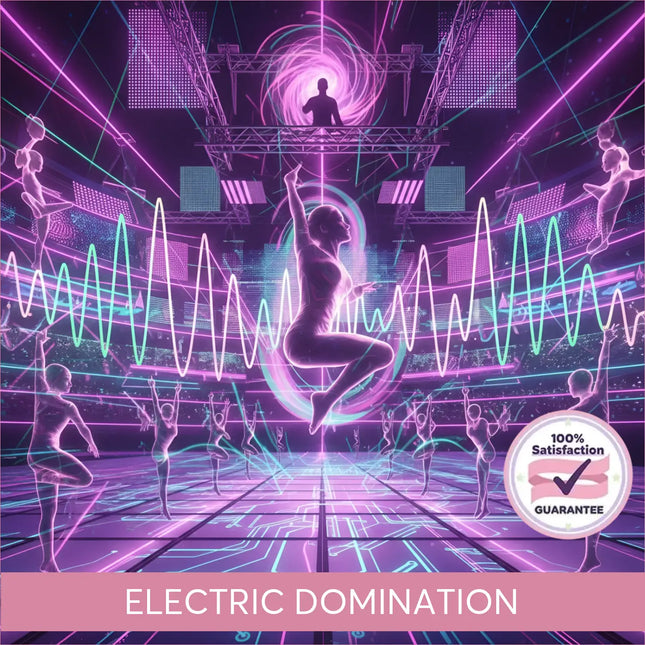 A glowing neon purple and cyan techno edm gymnastics floor with circuit board patterns for electric domination