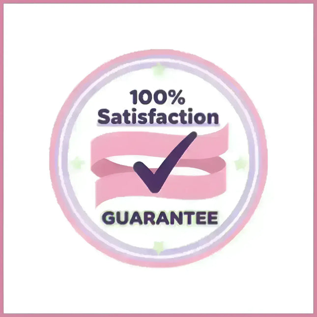 Pink 100% satisfaction guarantee badge with purple checkmark for Electric Domination techno gymnastics floor music