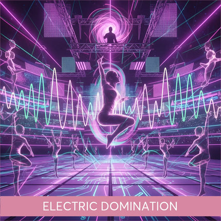 Glowing neon purple cyan gymnastics floor with techno edm circuits