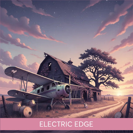 Vintage biplane by barn in twilight for Electric Edge Country Rock Gymnastics Floor Music