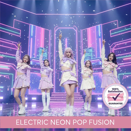 Five performers in lavender and cream outfits with glittery skirts and white boots for electric neon k-pop gymnastics floor