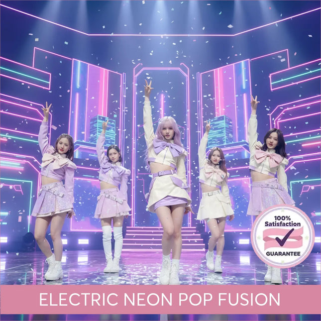 Five performers in lavender and cream outfits with glittery skirts and white boots for electric neon k-pop gymnastics floor