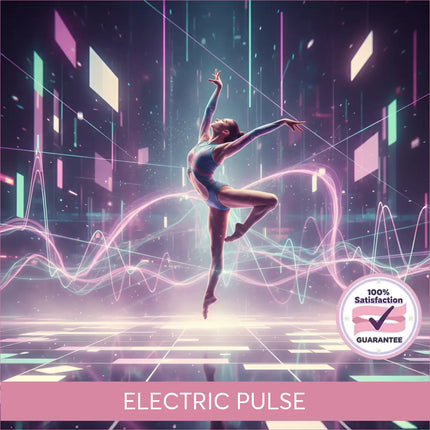A glowing neon pink and blue techno edm music leotard with a sleek, form fitting design for gymnastics use