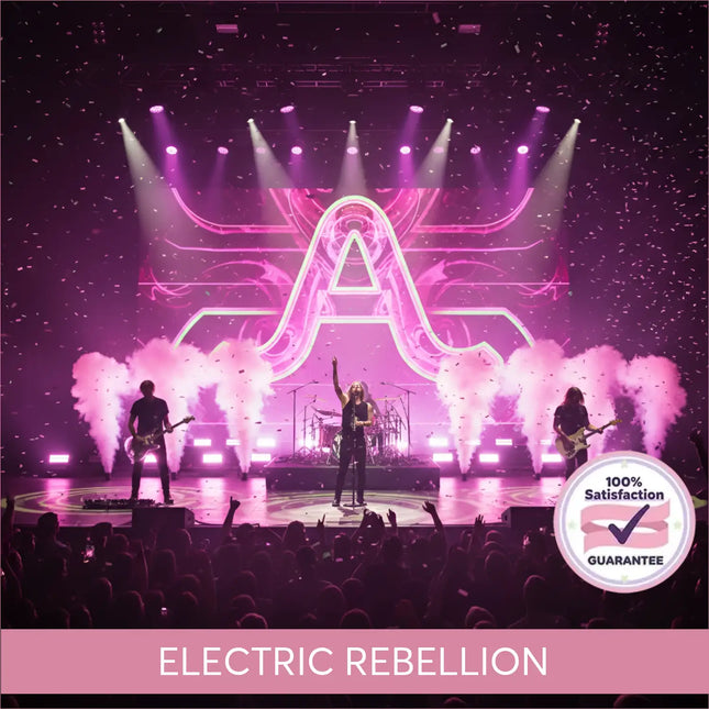 A glowing pink neon letter a stage backdrop with stylized design for electric rock gymnastics floor music in arena rock style