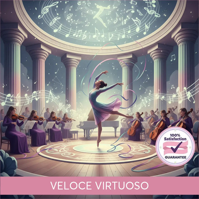 A graceful ballerina in a flowing blue and purple gown leaps on stage for epic classical gymnastics floor music