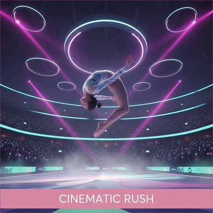 Gymnast in white blue leotard flips under neon rings for epic gymnastics floor music