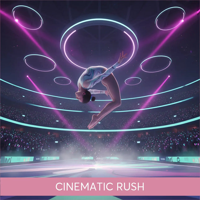 Gymnast in white blue leotard flips under neon rings for epic gymnastics floor music