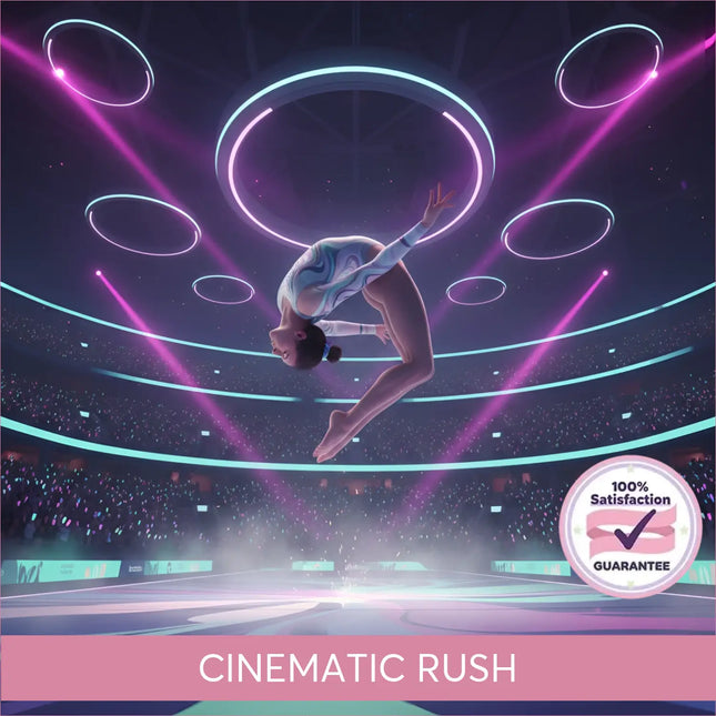 A gymnast in a white and blue leotard performs an epic aerial flip under neon rings for gymnastics floor music