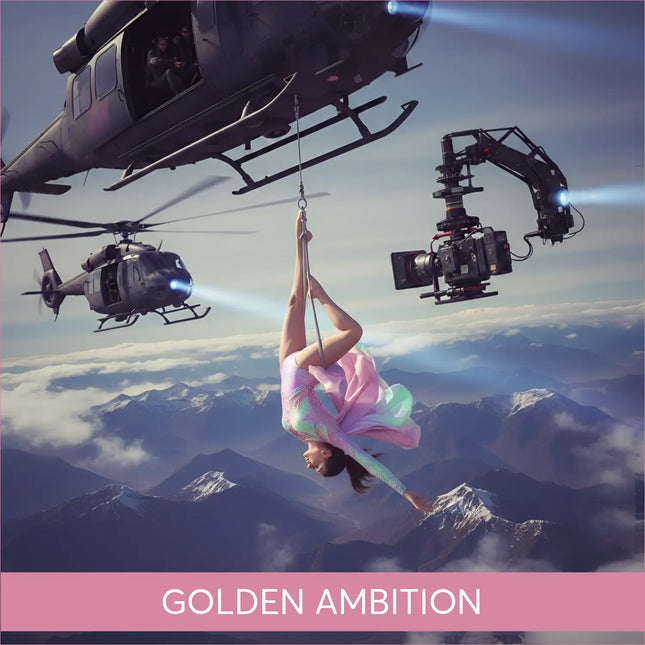 Woman in iridescent pink-green sequin leotard hangs upside down on aerial cable over mountains for epic gymnastics floor music