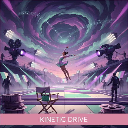 Epic Kinetic Drive gymnastics floor music: ballet dancer leaps in teal pink tutu under purple green lights