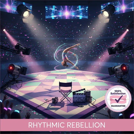 A glowing neon pink and blue gymnast performs an epic gymnastics floor music routine in a vibrant spotlight