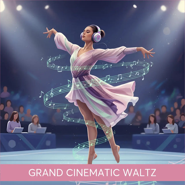Dancer in lavender dress with Epic Piano Gymnastics Floor Music headphones