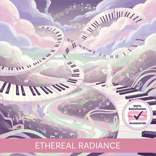 A whimsical pastel piano pathway illustration for lyrical piano gymnastics floor music in ethereal radiance product