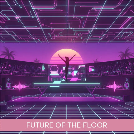 Silhouette dancer arms raised on glowing gymnastics floor synthwave music stage