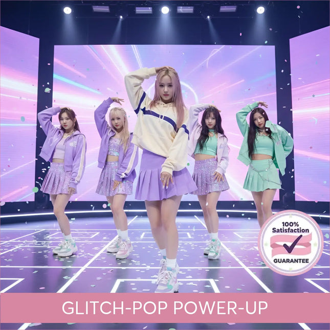 The central figure wears a cream and navy striped hoodie with a lavender pleated skirt for gymnastics floor music use