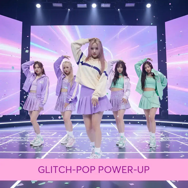 The central figure wears a cream cropped hoodie with navy blue stripes and purple skirt for k-pop gymnastics floor music