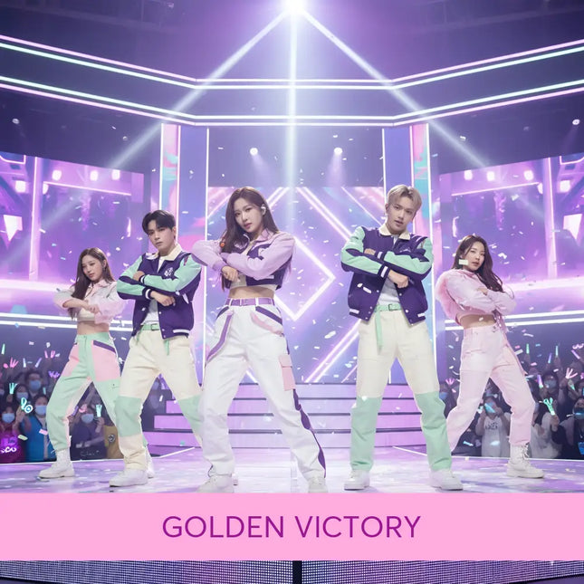 Performers wearing matching pastel sporty jackets and pants with bold geometric paneling for k-pop gymnastics floor music