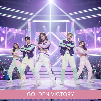 K-Pop Golden Victory gymnastics floor music performers in pastel sporty jackets