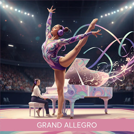 Vibrant purple pink gymnast leotard with headphones for Grand Allegro piano lyrical gymnastics floor music