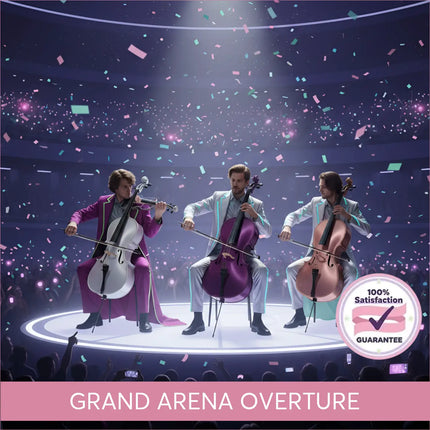 Three musicians in colorful formal wear perform grand arena overture modern orchestral gymnastics floor music on stage
