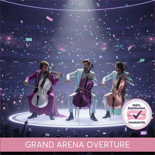 Three musicians in colorful formal wear perform grand arena overture modern orchestral gymnastics floor music on stage
