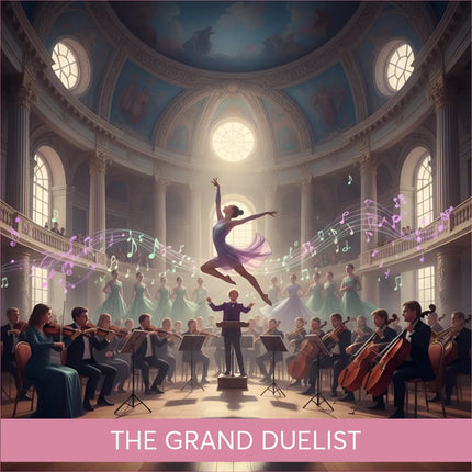 Graceful ballerina leaps over orchestra in Grand Duelist symphonic gymnastics floor music